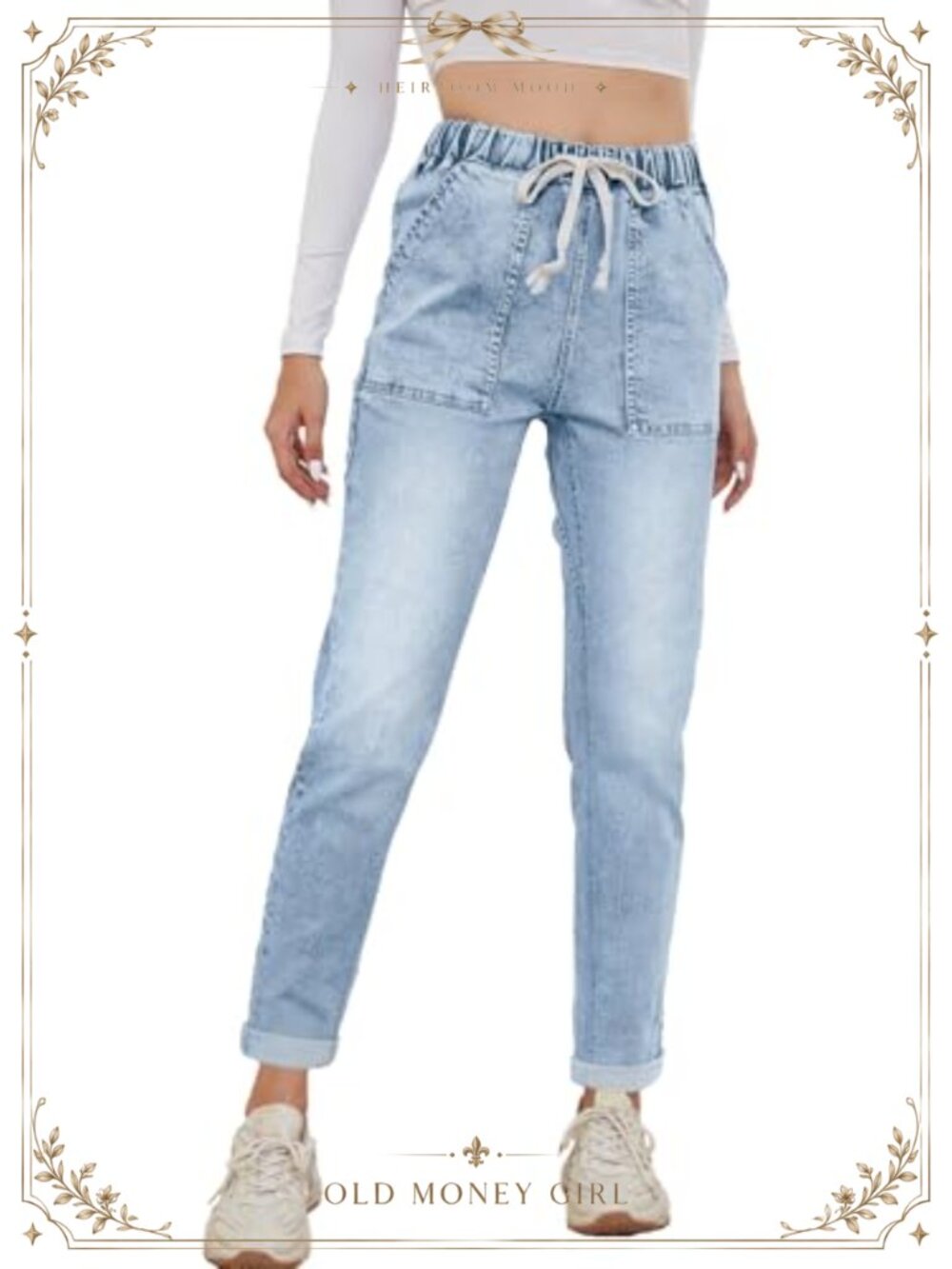 Women's High Waisted Pull-On Jeans Elastic Waist Denim Joggers Drawstring